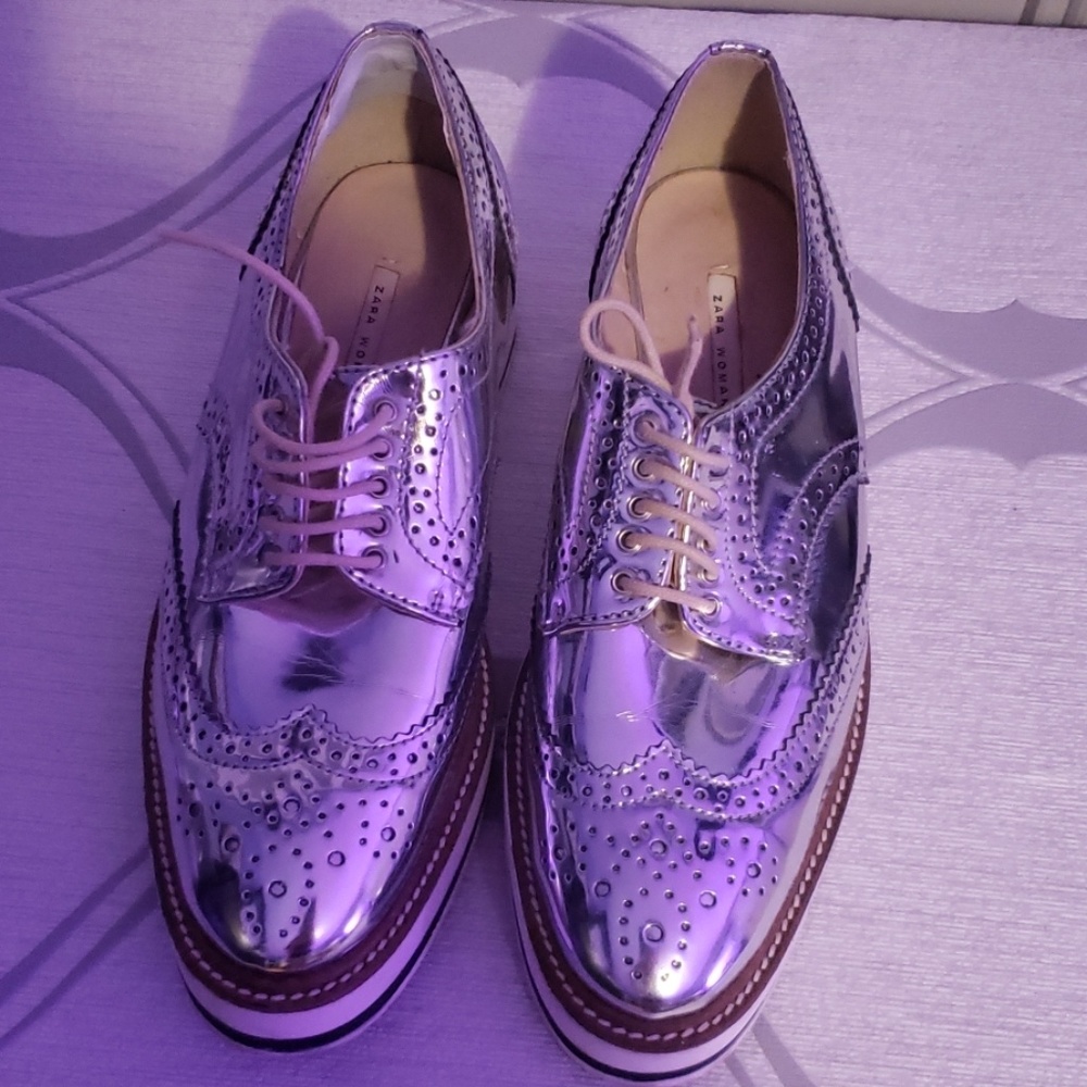zara woman dress shoe silver oxford sneaker shoe